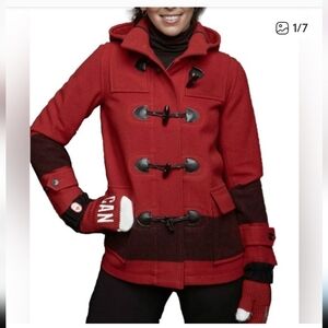 Stylish Red Pea Coat with Toggle Closures